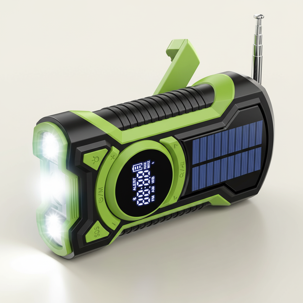 Portable solar hand crank emergency radio in Green with the LED lights on