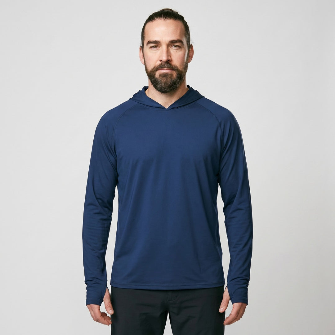 Men's UPF 50+ Sun Hoodie – Quick-Dry Polyester UV Top with Thumb Loops for Hiking and Fishing