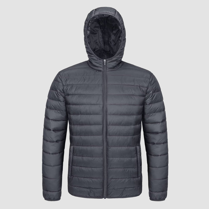 Men's hooded puffer jacket in Dark Gray, front view