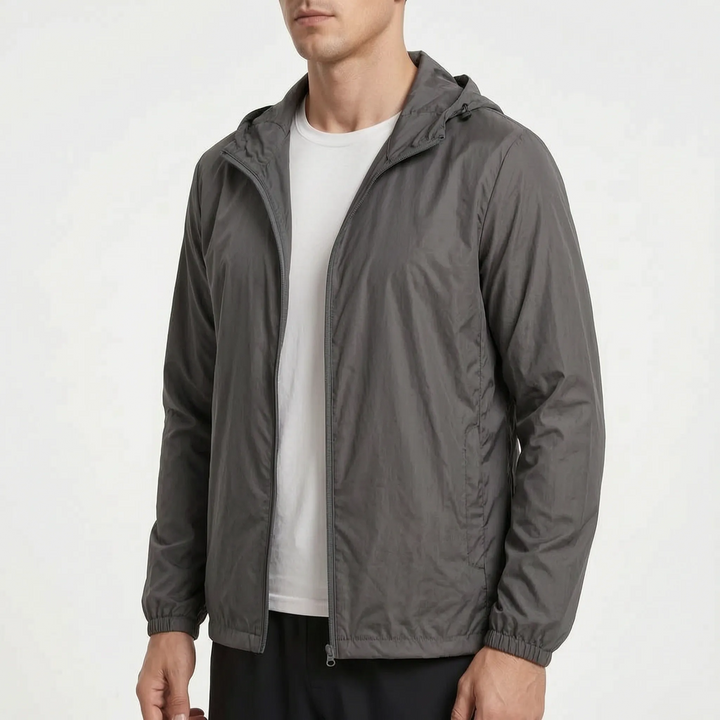 Men's packable jacket in Dark Gray, worn, front view