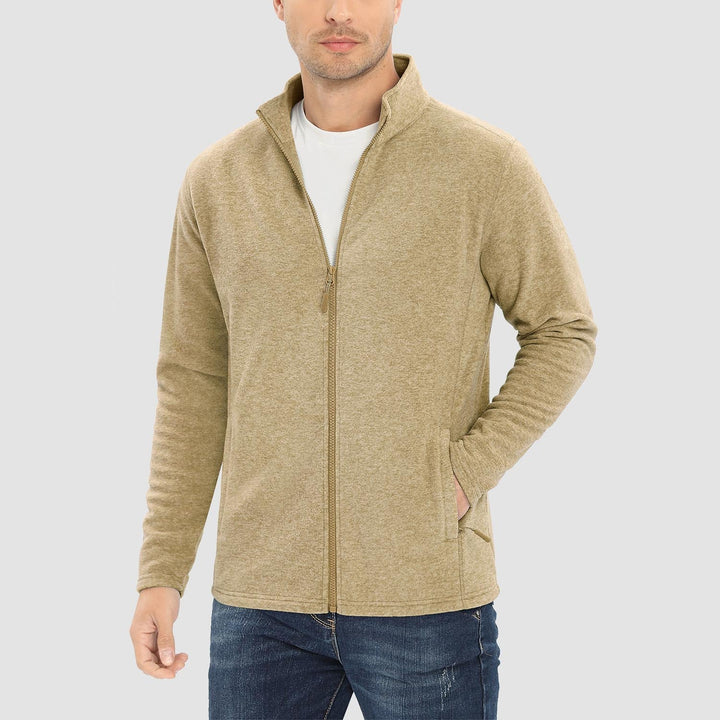 Men's full zip fleece jacket in Khaki, worn, front view
