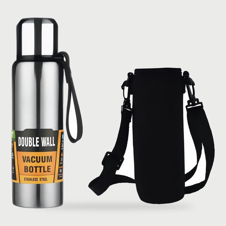 Gray stainless steel thermos with carry bag and shoulder strap