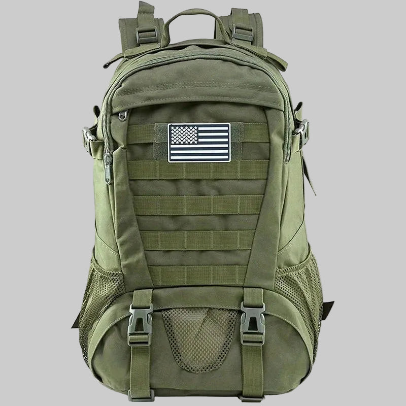 Green tactical backpack with American flag patch on a white background