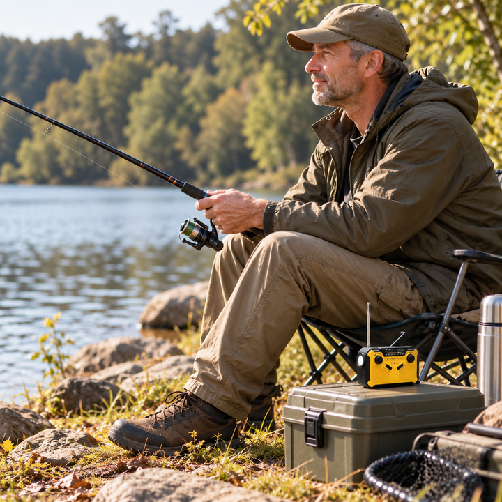 Angler with the wind up radio on a tackle box by the lake