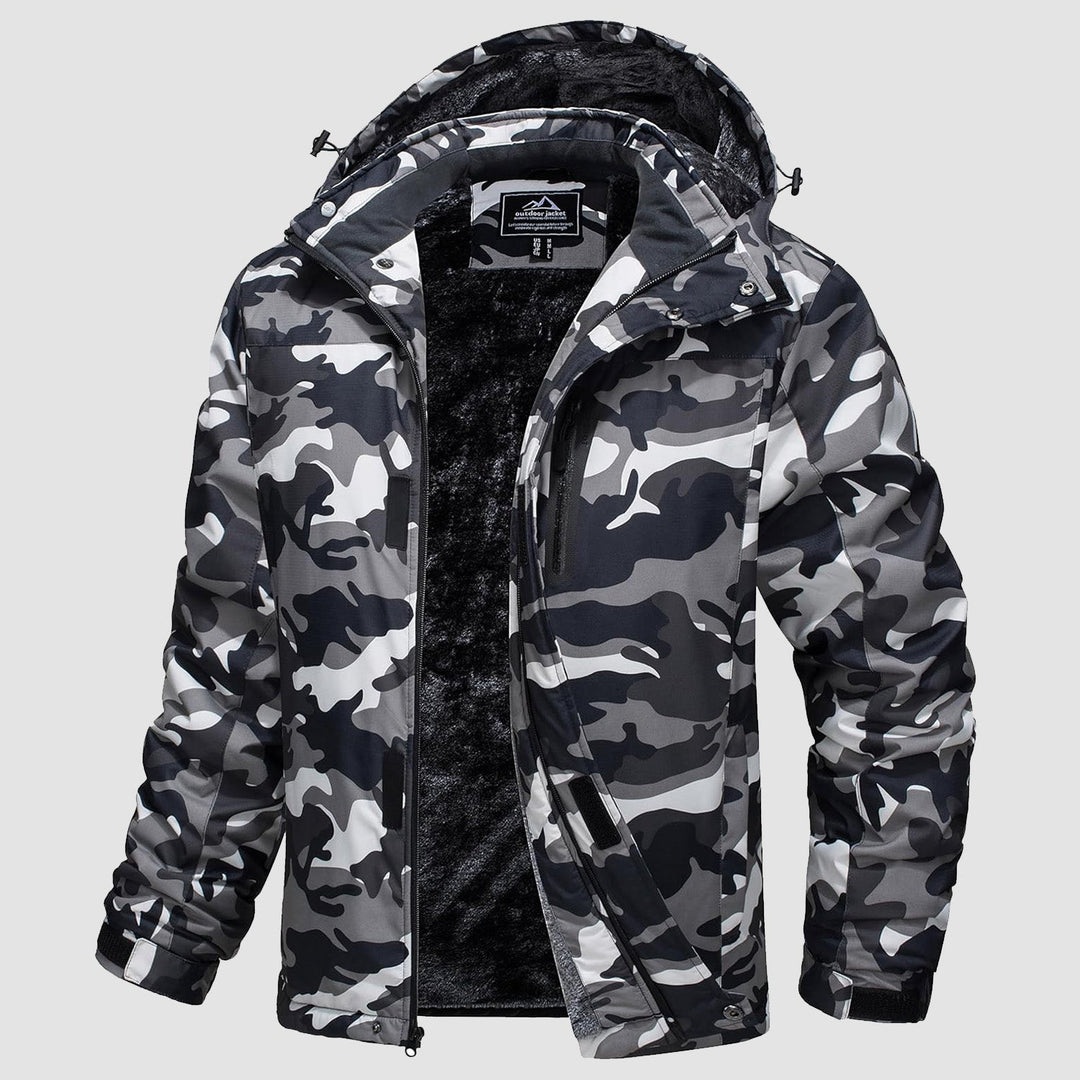 Men's snow jacket in Black Camouflage, front view