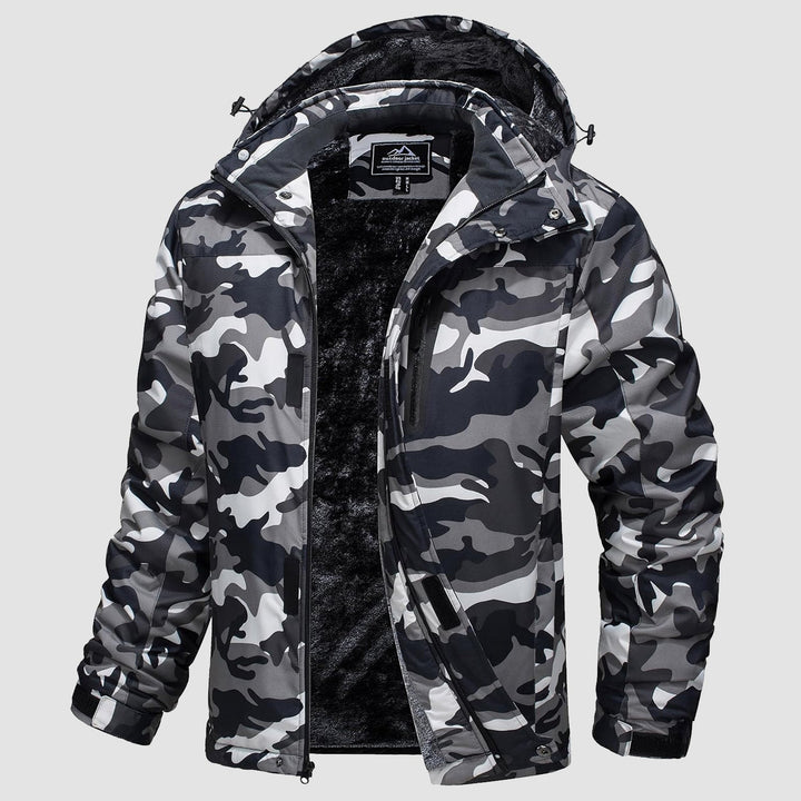 Men's snow jacket in Black Camouflage, front view