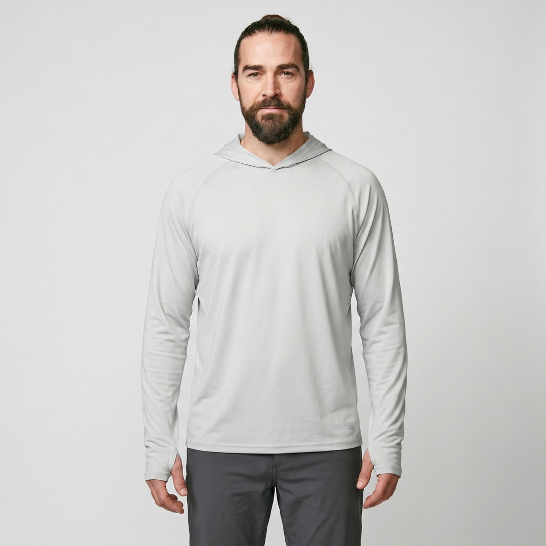 Men's UPF 50+ Sun Hoodie – Quick-Dry Polyester UV Top with Thumb Loops for Hiking and Fishing