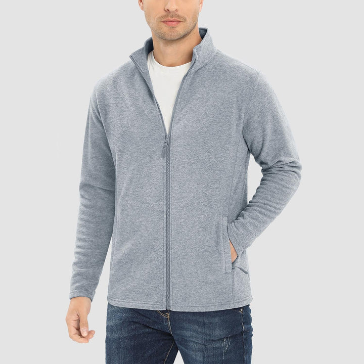 Men's full zip fleece jacket in Light Gray, worn, front view