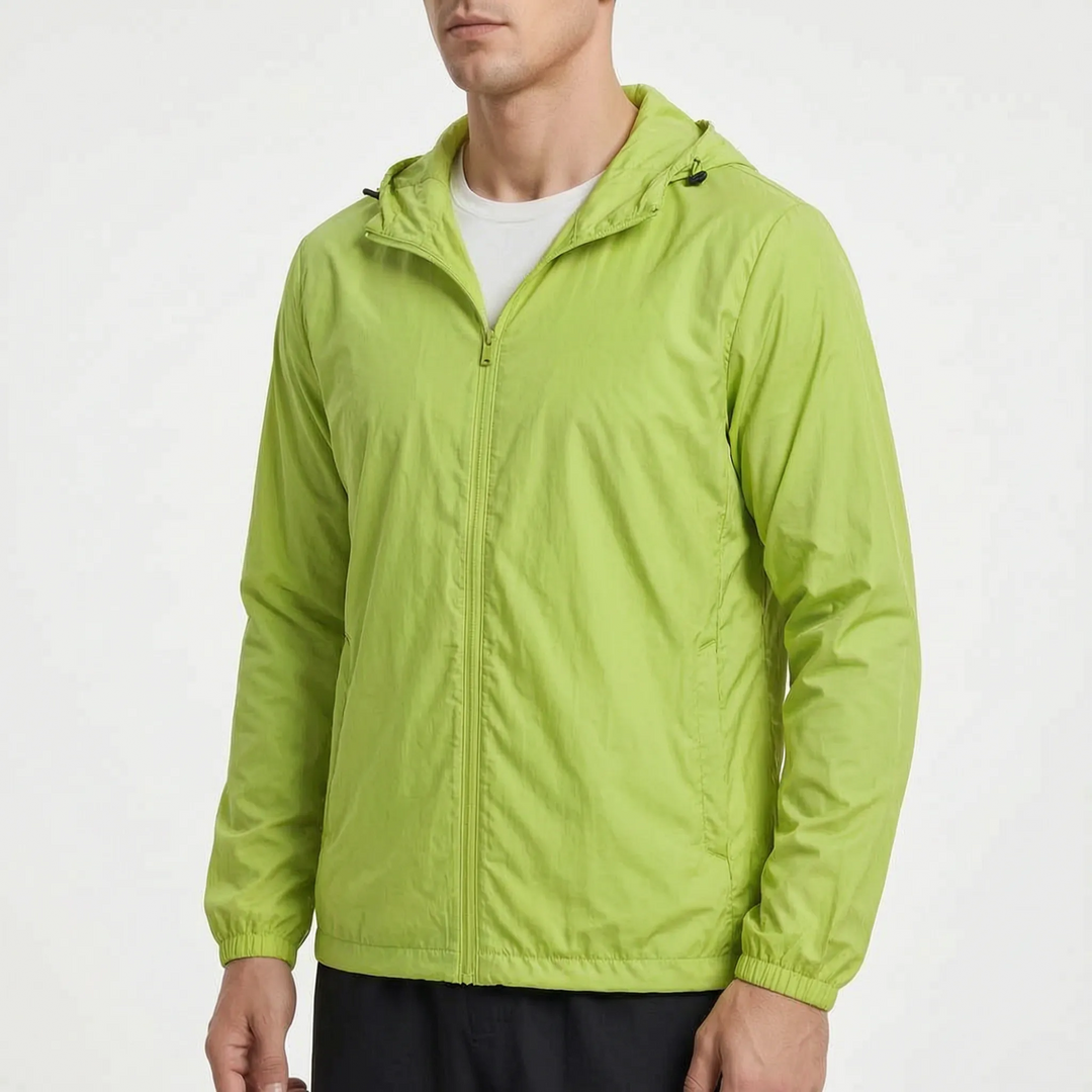 Men's packable jacket in Lime Green, worn, front view