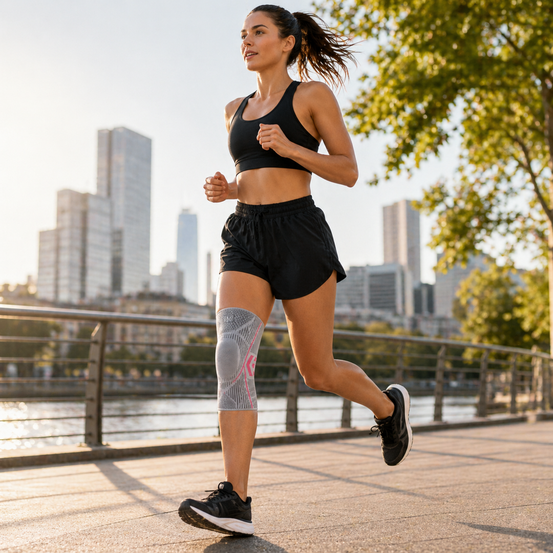 Woman running in the city wearing the knee sleeve in Gray