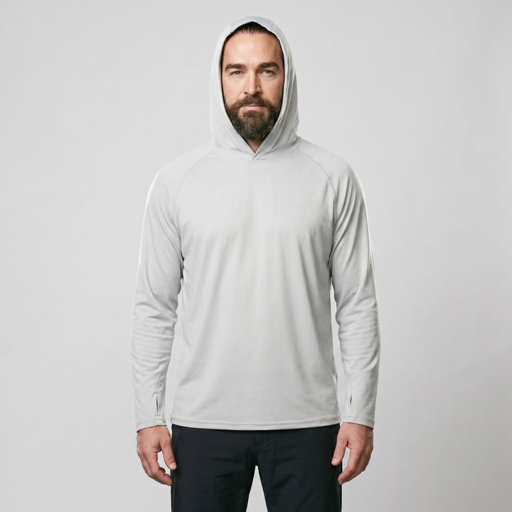 Men's UPF 50+ Sun Hoodie – Quick-Dry Polyester UV Top with Thumb Loops for Hiking and Fishing