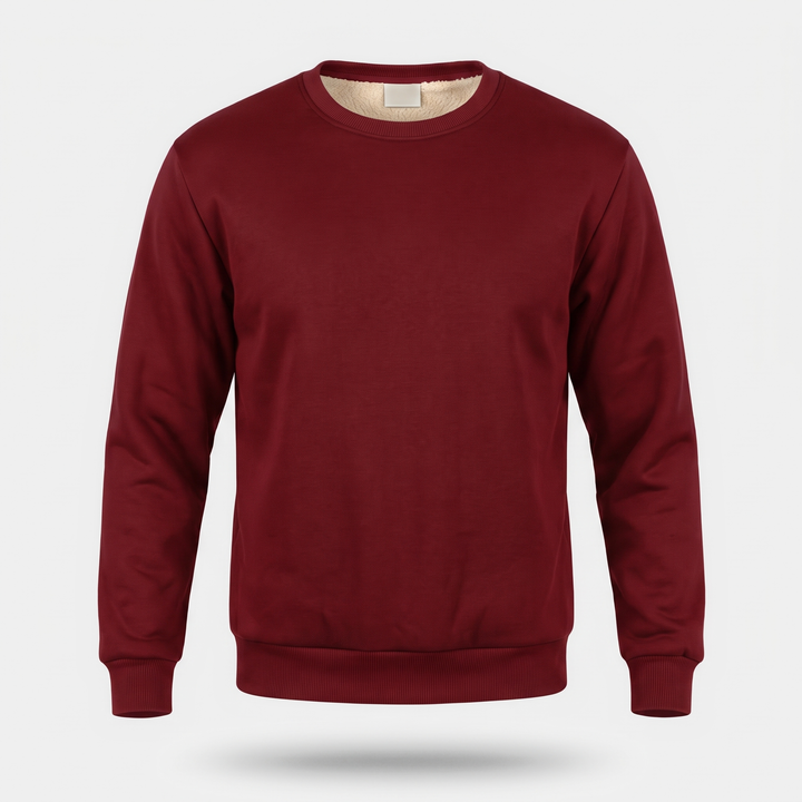 Men's sherpa lined crewneck sweatshirt in Burgundy, front view