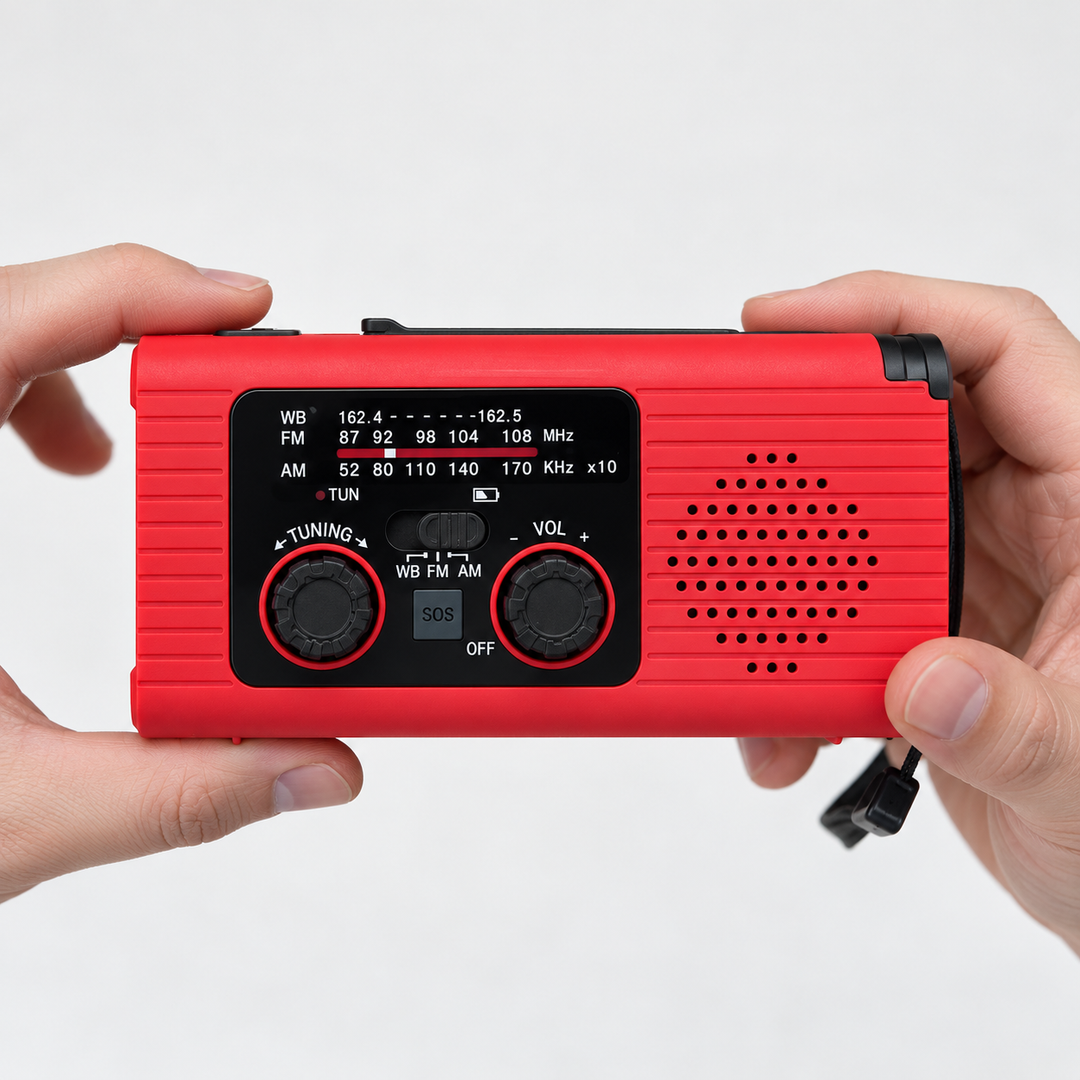 Weather radio held in two hands to show its pocket size