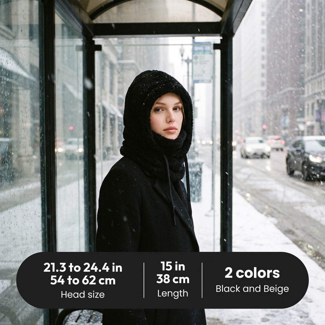 Woman at a snowy city bus stop with the face panel folded down; head size, length and colors