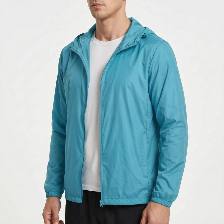 Men's packable jacket in Sky Blue, worn, front view