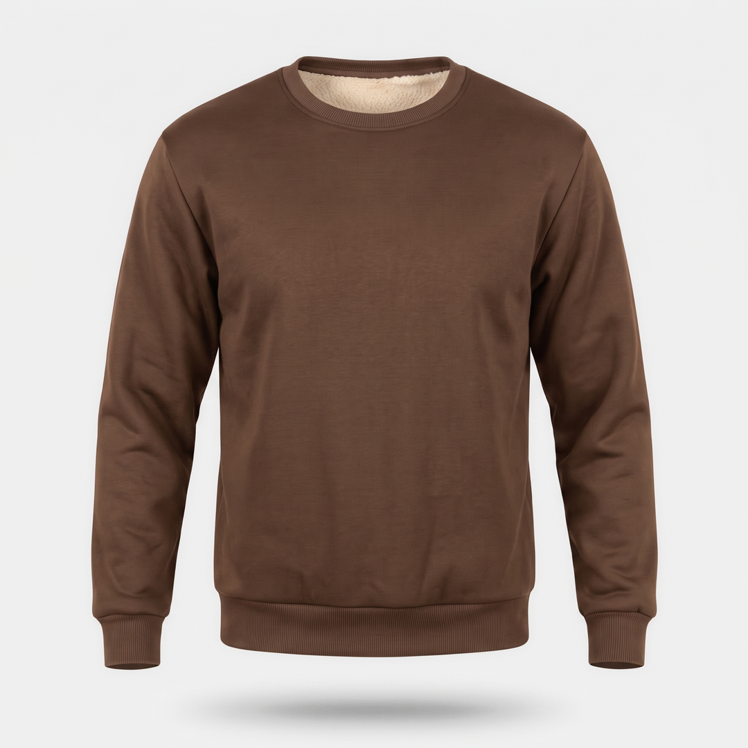 Men's sherpa lined crewneck sweatshirt in Coffee Brown, front view