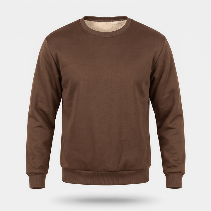 Men's sherpa lined crewneck sweatshirt in Coffee Brown, front view