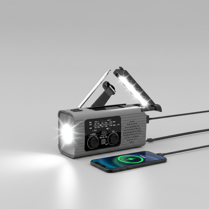 Gray weather radio charging a phone with the reading lamp on