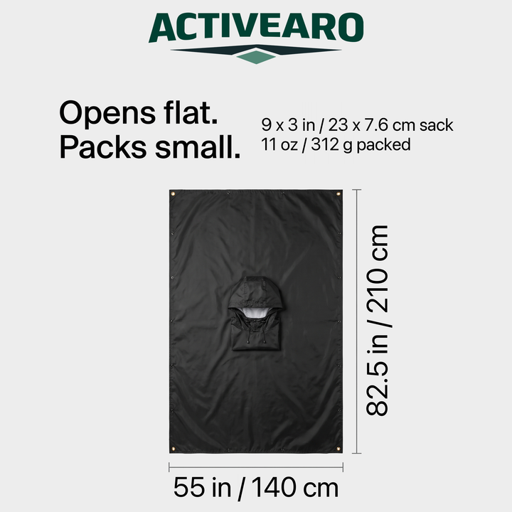 The poncho opened flat, 55 by 82.5 inches, packs into a 9 by 3 inch sack