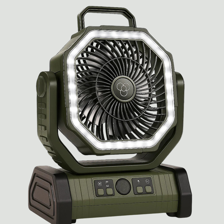 Camping Fan with Light & Power Bank – 3-in-1 Rechargeable Outdoor Fan