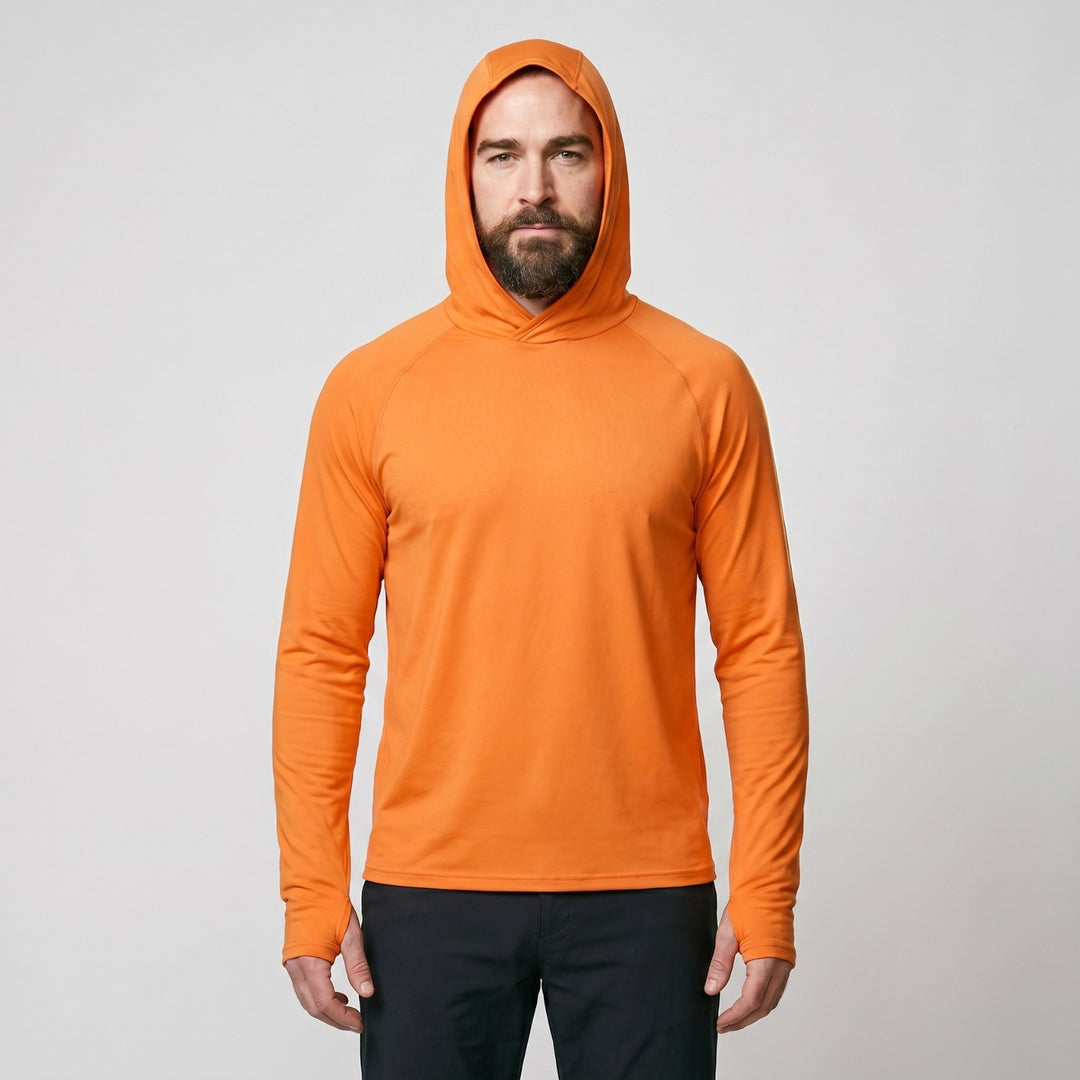 Men's UPF 50+ Sun Hoodie – Quick-Dry Polyester UV Top with Thumb Loops for Hiking and Fishing