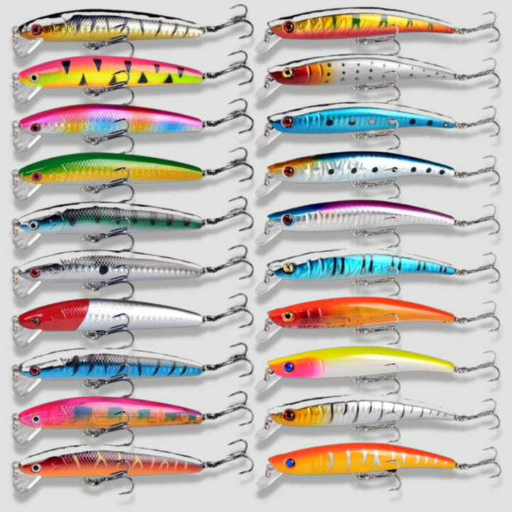 20-Piece Floating Minnow Lure Set – Topwater Hard Baits – Sea Bass