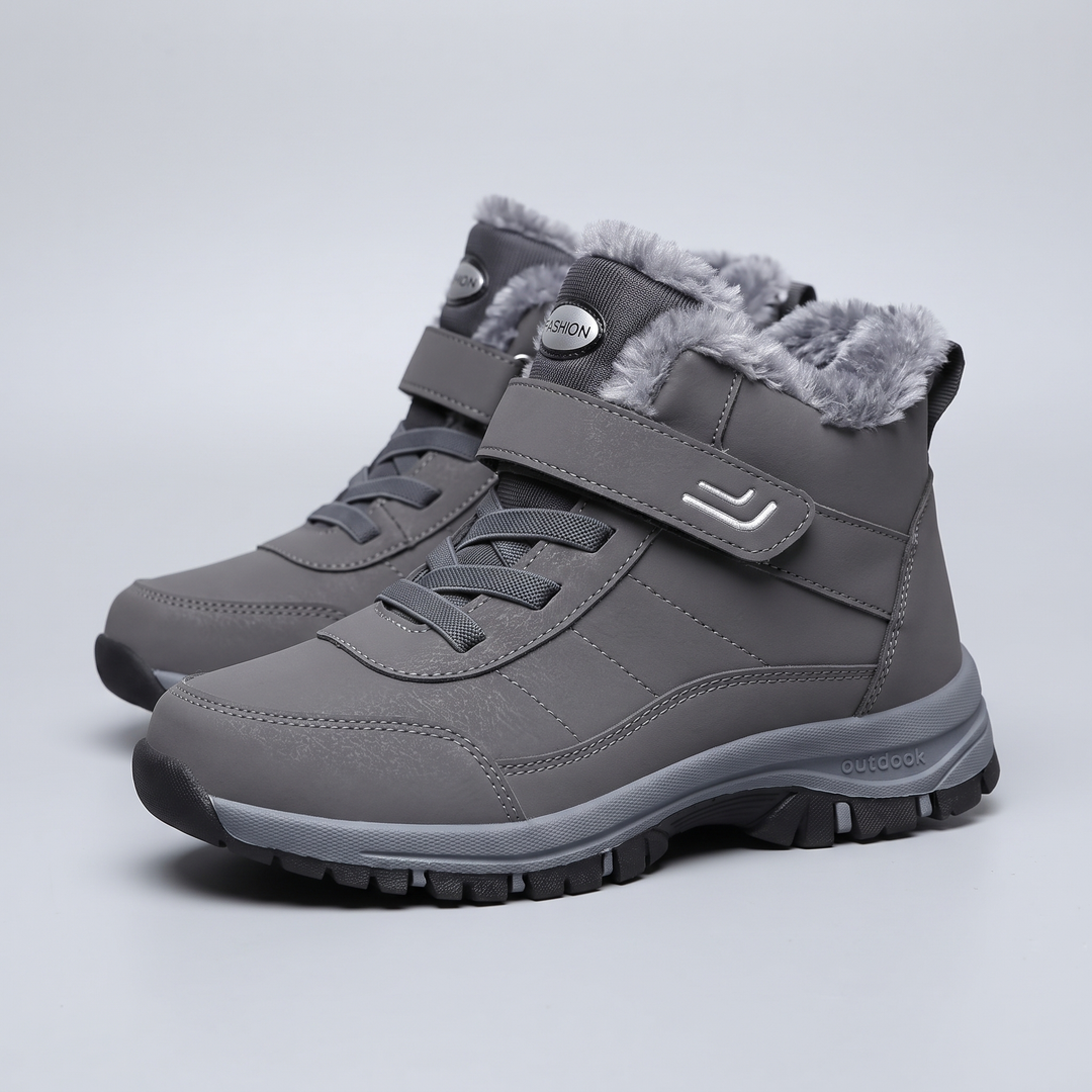 Plush lined winter boots in gray with lugged rubber sole