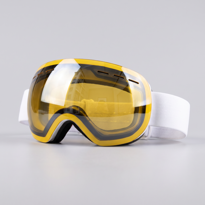 Golden ski goggles with yellow frame and white strap