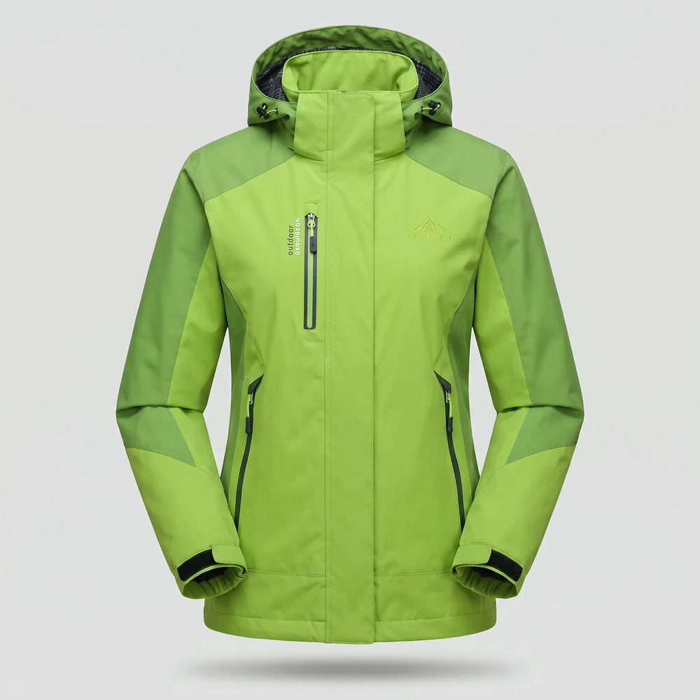 Green insulated rain jacket, front view on a ghost mannequin