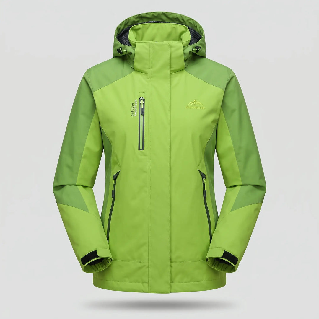 Green insulated rain jacket, front view on a ghost mannequin