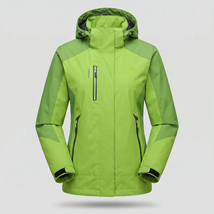 Green insulated rain jacket, front view on a ghost mannequin