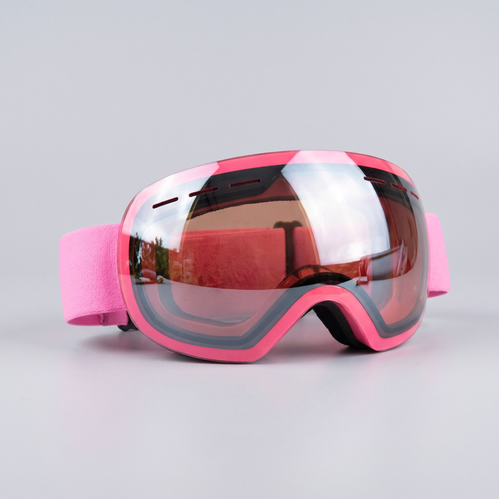 Pink ski goggles with pink frame and pink strap