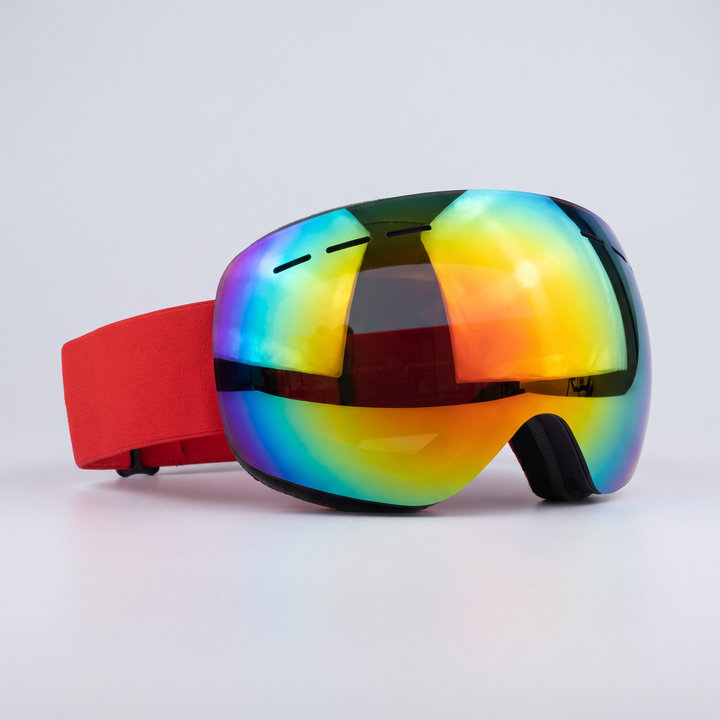 Red ski goggles with red strap and red mirrored lens