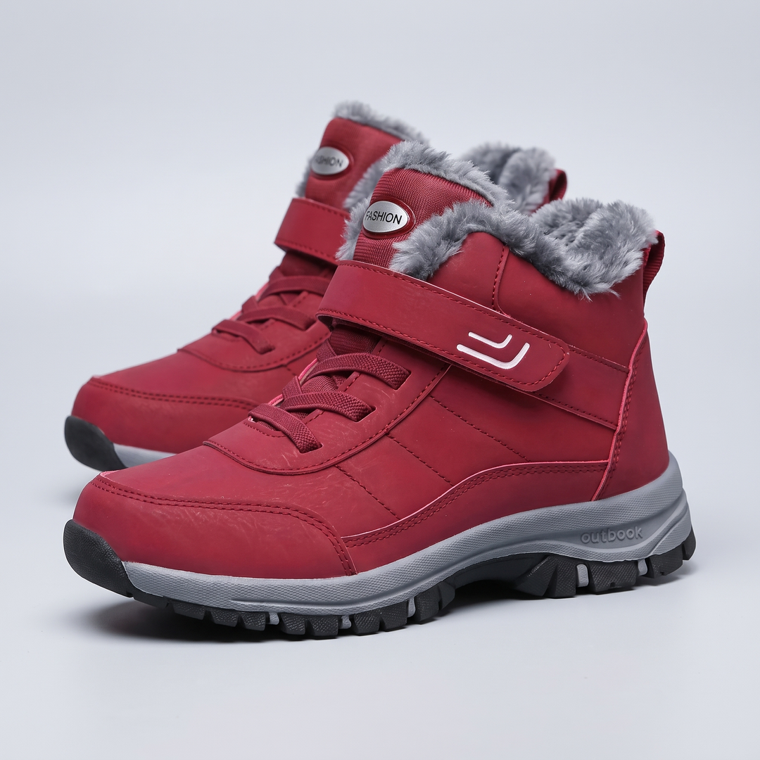 Plush lined winter boots in burgundy with hook-and-loop strap and laces