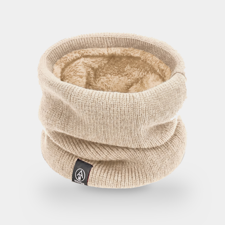 Fleece lined neck gaiter in Beige - flat lay showing plush fleece interior