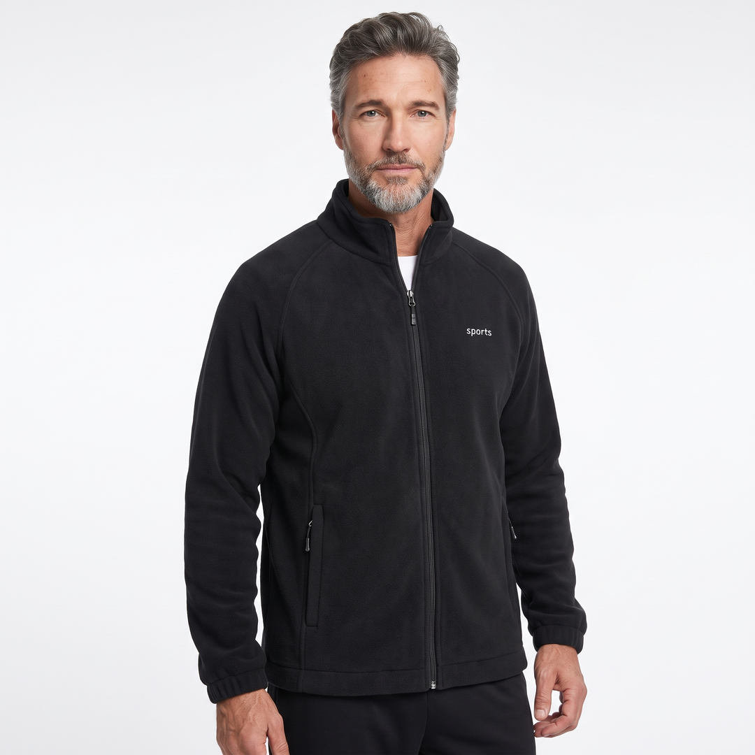 Men's full-zip black fleece jacket with stand collar and zip pockets