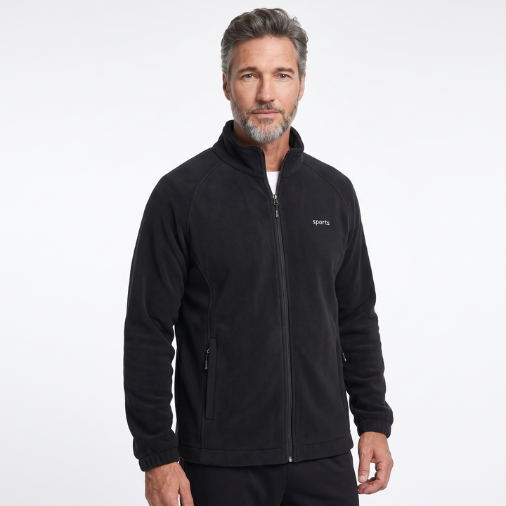 Men's full-zip black fleece jacket with stand collar and zip pockets
