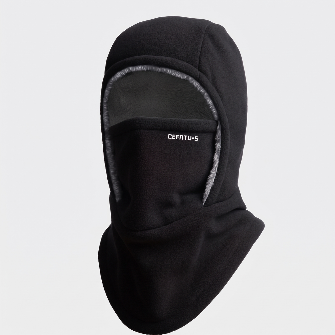 Black winter face mask balaclava, front three-quarter view