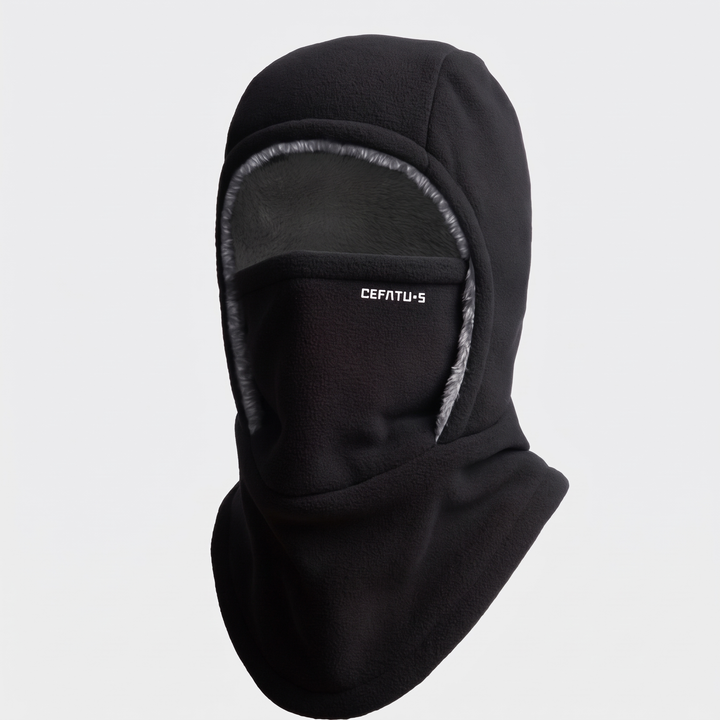 Black winter face mask balaclava, front three-quarter view