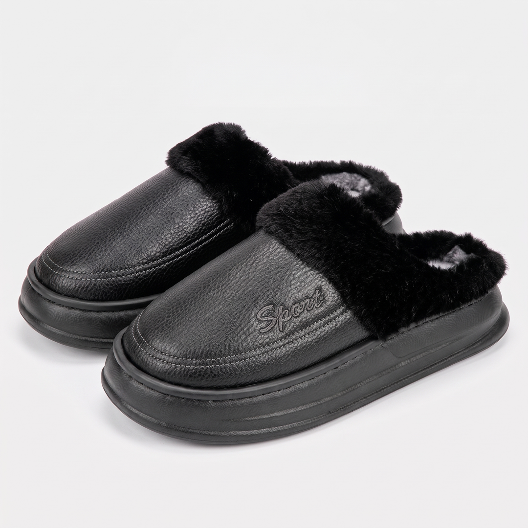 Men's slipper clogs in Black with faux-fur collar and thick platform sole