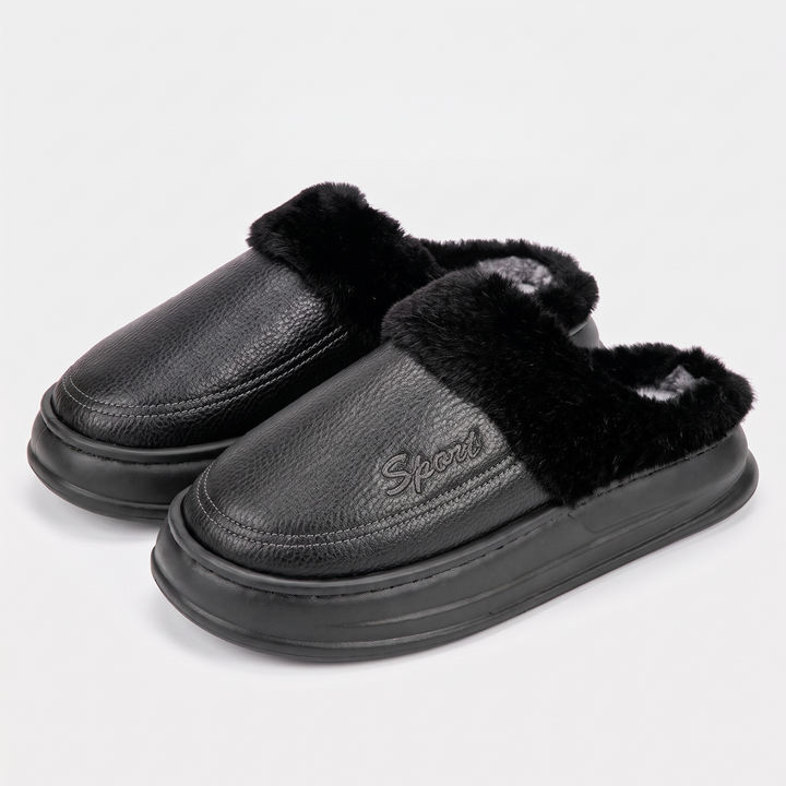 Men's slipper clogs in Black with faux-fur collar and thick platform sole