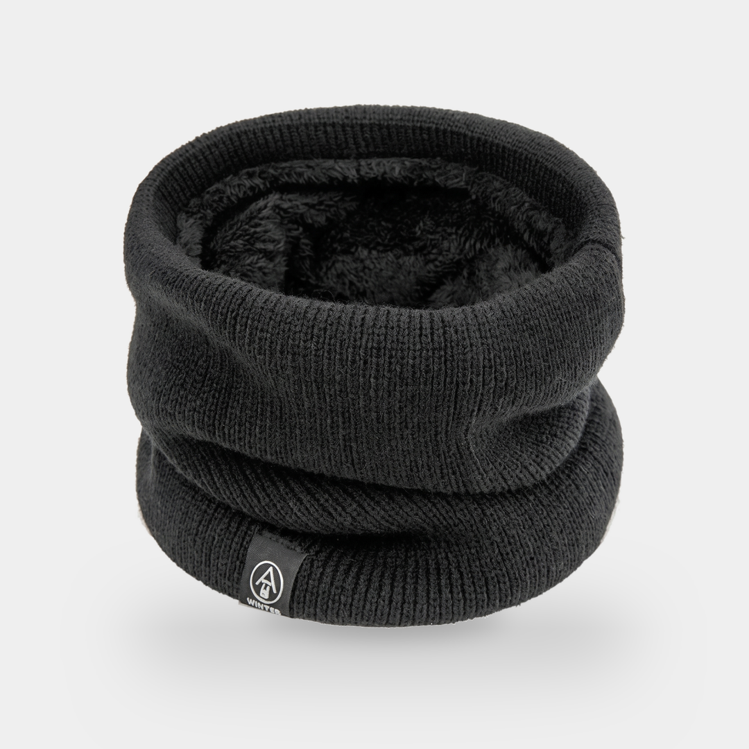 Fleece lined neck gaiter in Black - flat lay showing plush fleece interior