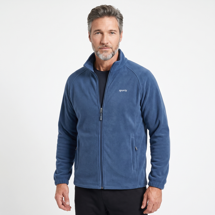 Men's full-zip blue fleece jacket with stand collar and zip pockets