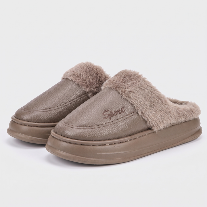 Men's slipper clogs in Brown with faux-fur collar and thick platform sole