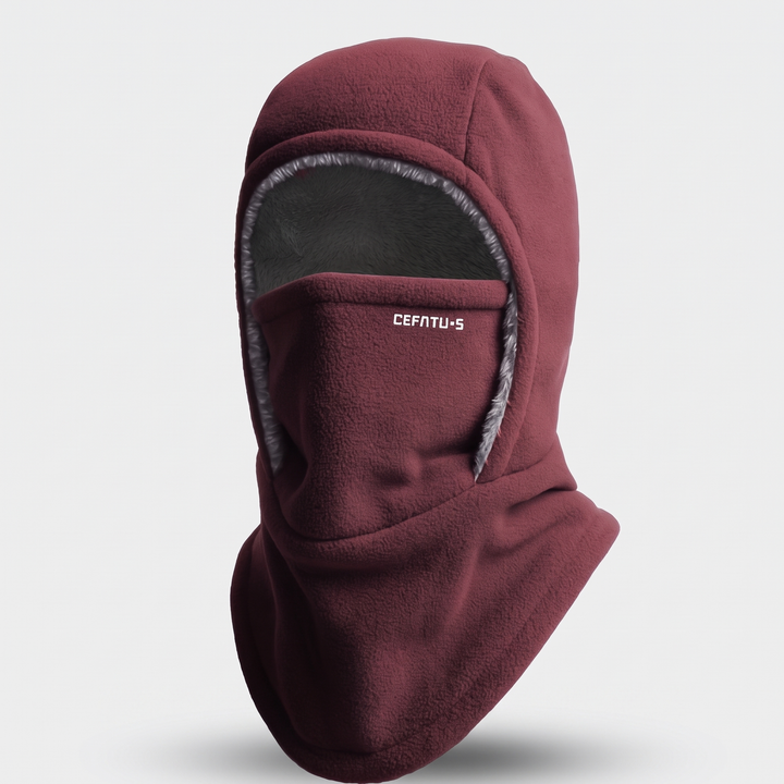 Burgundy winter face mask balaclava, front three-quarter view