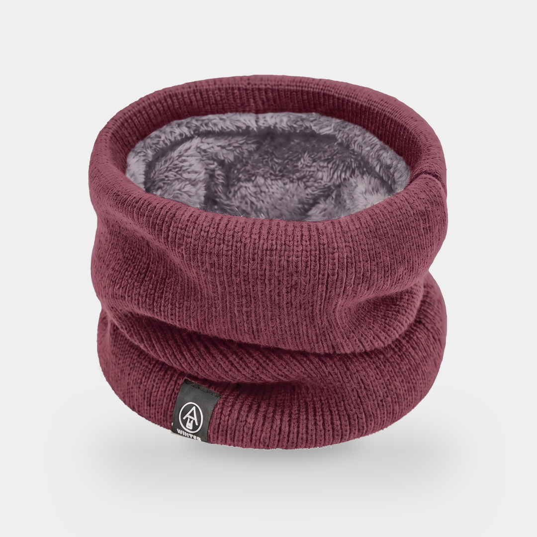 Fleece lined neck gaiter in Burgundy - flat lay showing plush fleece interior