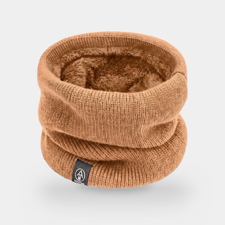 Fleece lined neck gaiter in Camel - flat lay showing plush fleece interior