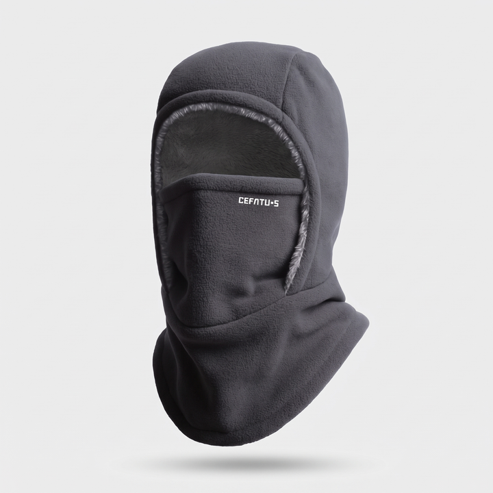 Charcoal Gray winter face mask balaclava, front three-quarter view