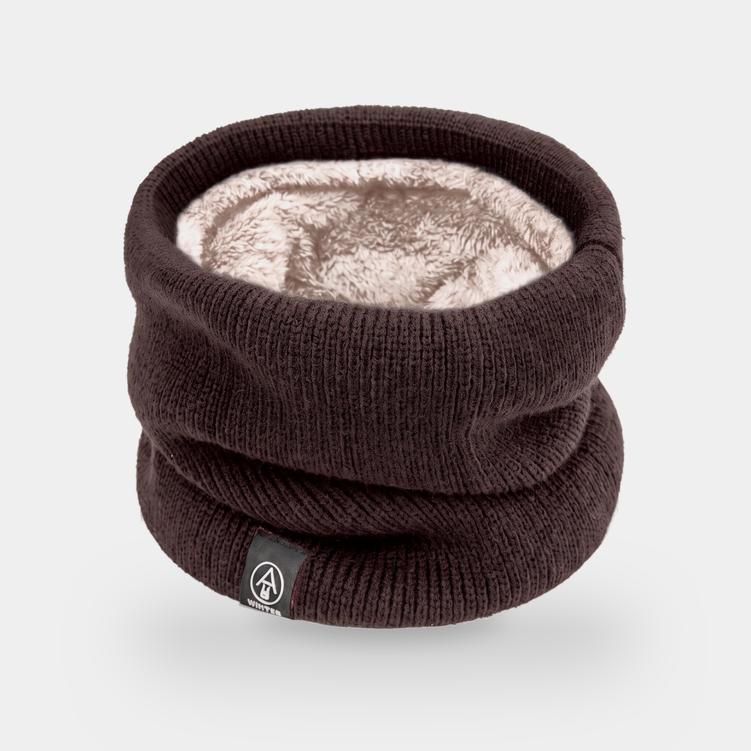Fleece lined neck gaiter in Coffee Brown - flat lay showing plush fleece interior