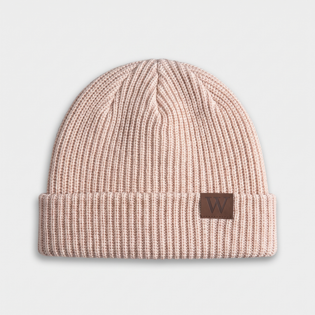 Fisherman Beanie - Cream ribbed knit hat with tan leather W patch